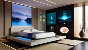اتاق خواب مدرن مجهز به تمام فناوری‌های هوشمند شامل روشنایی، دما، تشک هوشمند و پرده‌های اتوماتیک 